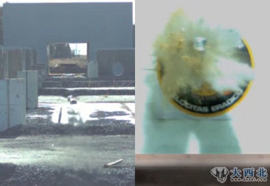 左侧照片的中央为飞行中的轨道炮炮弹，右侧照片在发射后几微秒后拍摄